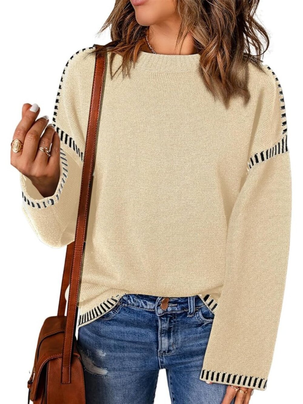 Women's Beige Oversized Crewneck Long Sleeve Knit Casual Fashion Sweater Tops